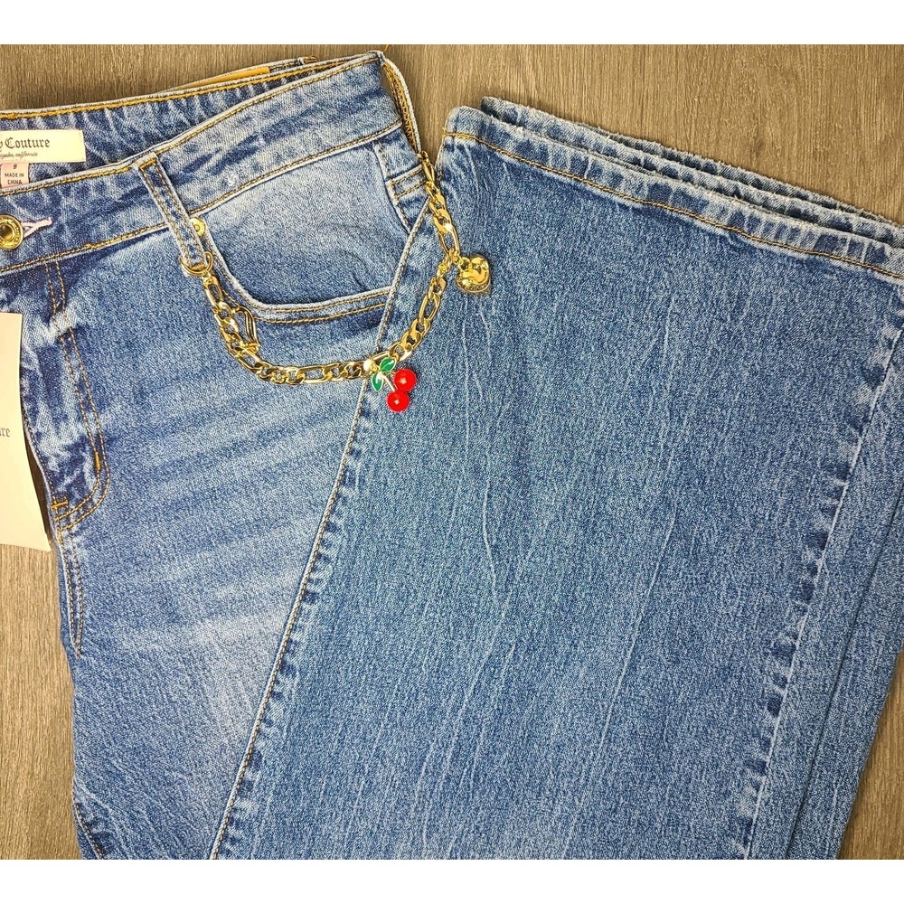 NWT Juicy Couture Wide Leg Jeans Womans 9 High Rise 32x32 Y2K Golden Charm Chain